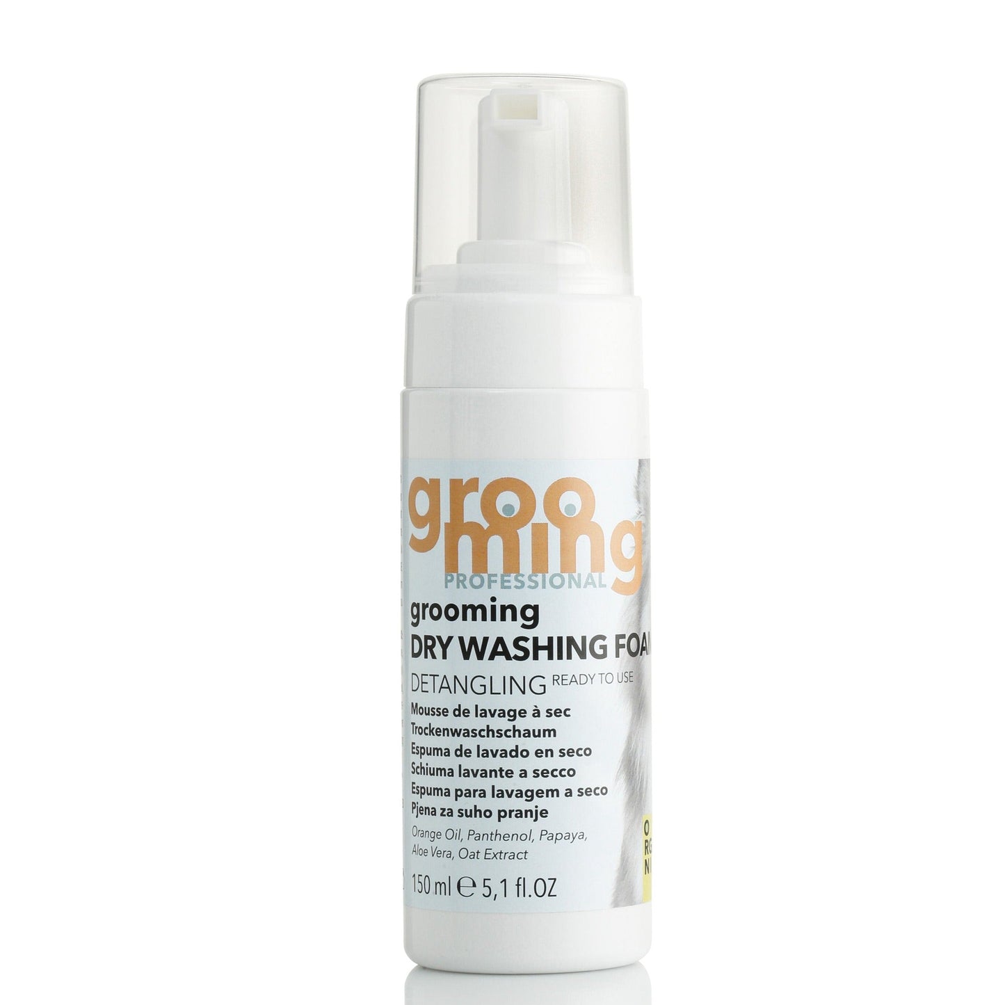 A bottle of Grooming Dry detangling WASHING FOAM 150ml in front of white background