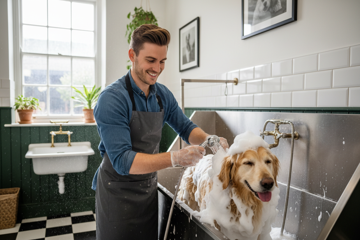 Dog groomer washing off soap from a dog in a grooming salon