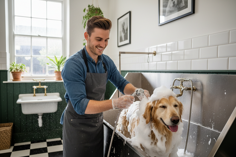 Dog groomer washing off soap from a dog in a grooming salon