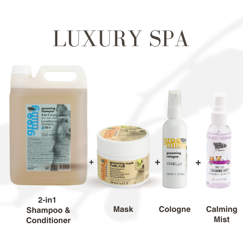 Collection of grooming products for pets including a 2-in-1 shampoo & conditioner, mask, cologne, and calming mist on a white background with 'Luxury Spa' text.