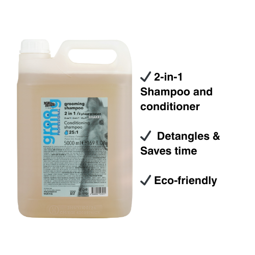 Grooming shampoo and conditioner bottle with text highlighting features on a white background