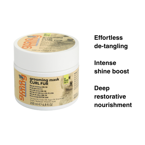 Grooming mask jar with text highlighting benefits on a white background