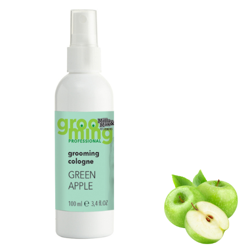 A bottle of Dog Grooming Cologne, Scent: Green Apple. Photo of three green apples next to it.