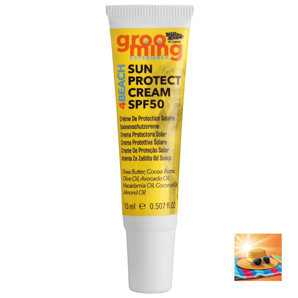 A 15ml tube of Dog Protective Cream SPF 50 For Nose & Paws in front of a white wall