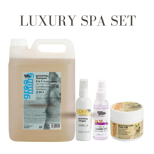 Luxury Dog spa set with grooming products on a white background