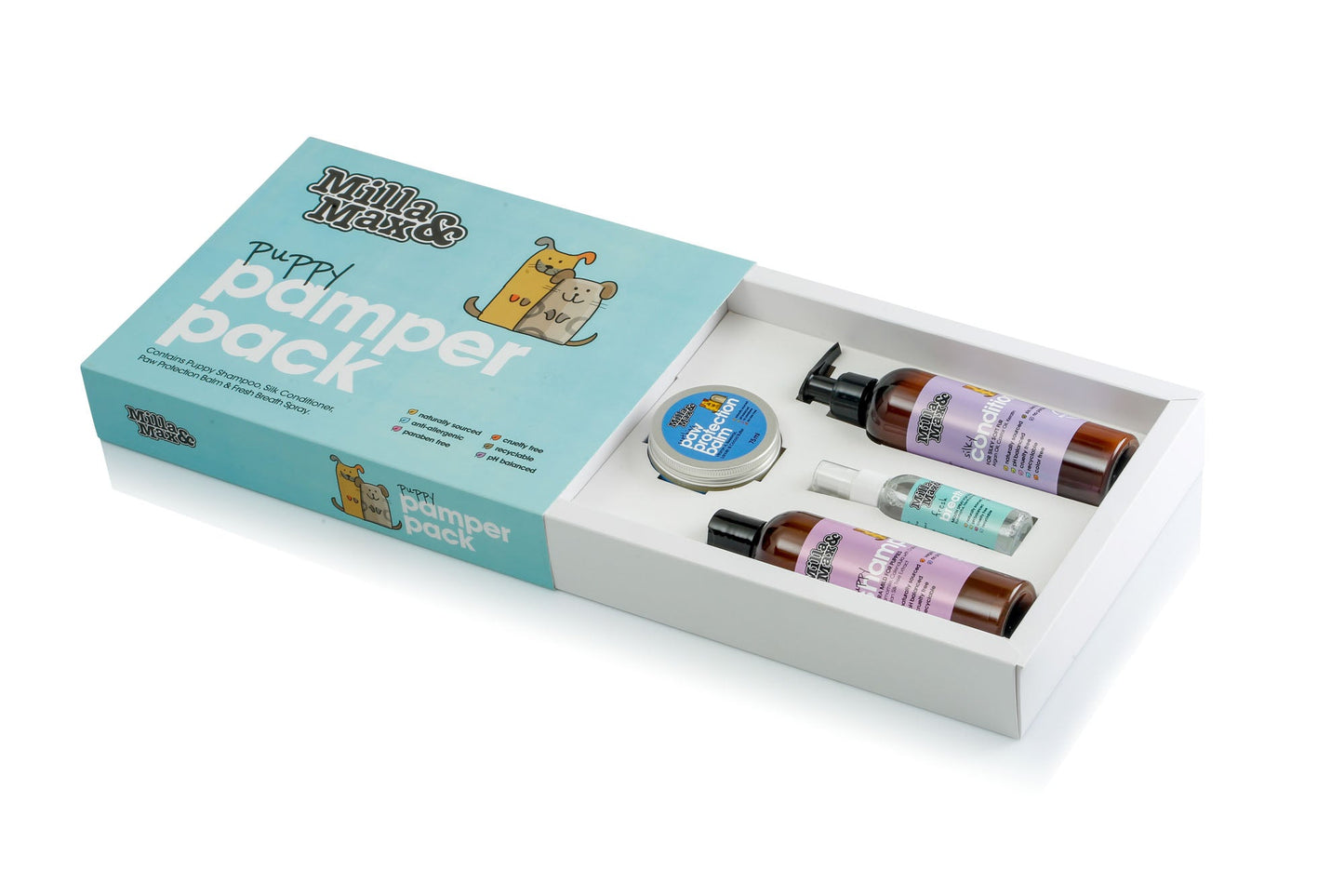 Semi-opened giftset of 4 products for dogs. In front of the gift set are the individual items:   Dog shampoo, conditioner, paw balm & mouth refresher