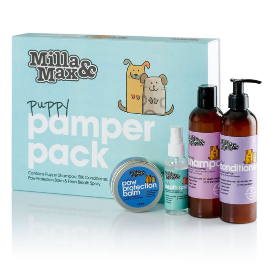 Giftset of 4 products for dogs. In front of the gift set are the individual items:   Dog shampoo, conditioner, paw balm & mouth refresher