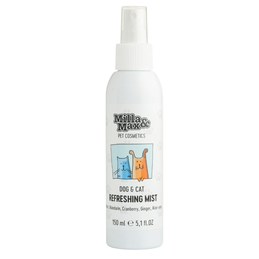 A bottle of REFRESHING MIST 150ml in front of white background