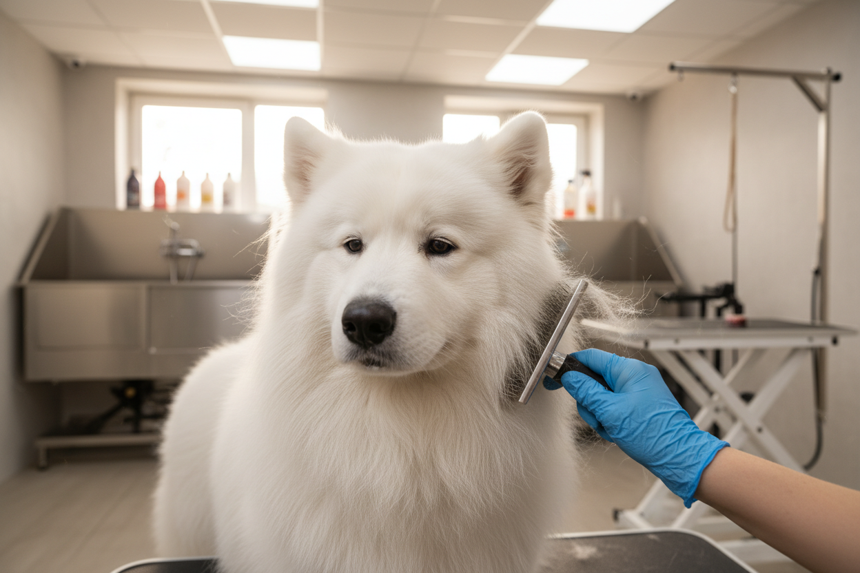 White dog being groomed by a person wearing blue gloves in a veterinary clinic.